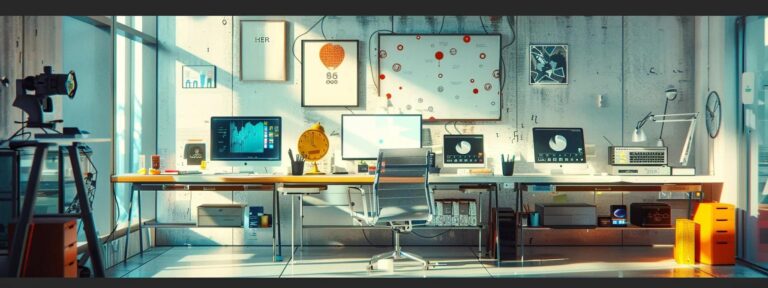 a vibrant workspace illuminated by natural light, showcasing a diverse array of sleek, high-tech devices displaying captivating ai ad designs, symbolizing the innovation and user-friendliness of top ad generation tools.