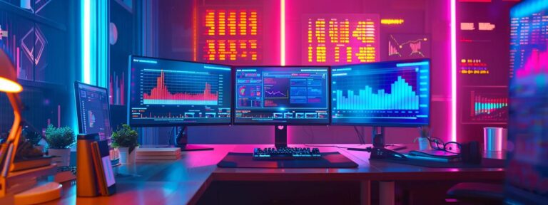 a vibrant workspace with a glowing computer screen displaying ai analytics, surrounded by colorful charts and graphs that symbolize innovative advertising strategies and significant cost savings.