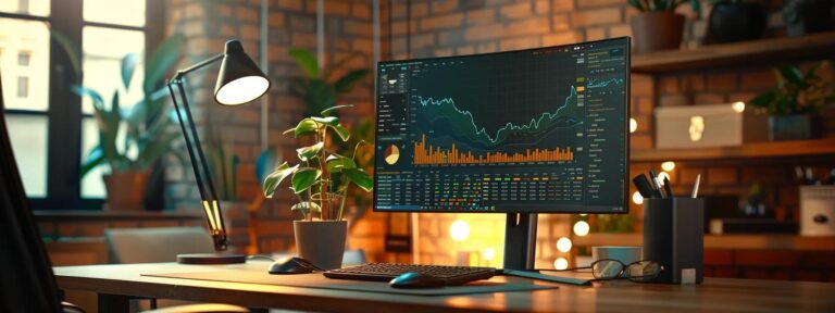 a visually compelling scene depicting a modern workspace with a sleek computer screen displaying dynamic graphs and analytics, symbolizing the evaluation of ai-driven content solutions under soft, ambient lighting.