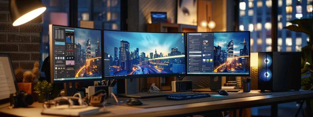 a visually engaging scene featuring a sleek, modern workspace with multiple computer screens displaying vibrant ai ad generator interfaces, illuminated by soft, ambient lighting to emphasize the innovative technology and the dynamic differences in pricing.