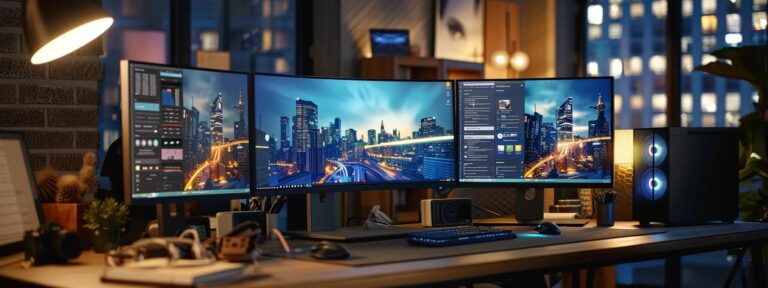 a visually engaging scene featuring a sleek, modern workspace with multiple computer screens displaying vibrant ai ad generator interfaces, illuminated by soft, ambient lighting to emphasize the innovative technology and the dynamic differences in pricing.