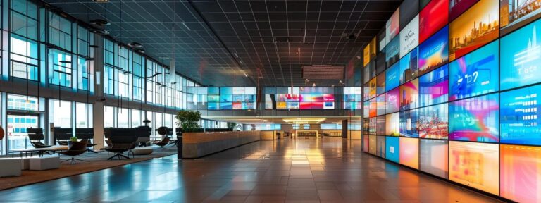 a visually striking composition of a sleek, modern workspace filled with high-end digital screens displaying vibrant ai-generated ads, illustrating the relationship between output quality and pricing in a dynamic and engaging manner.