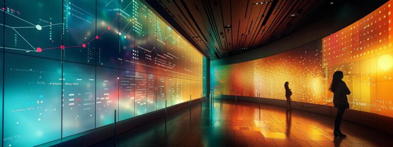 a visually striking digital landscape showcasing vibrant data visualizations, with colorful graphs and charts illuminating the concept of successful ai ad campaigns, bathed in soft ambient lighting for a modern, tech-inspired feel.