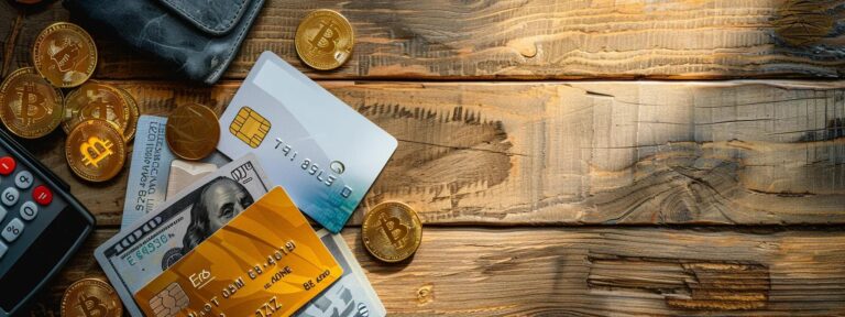 a visually striking flat lay of diverse payment options, including credit cards, digital wallets, and cryptocurrency symbols, set against a sleek wooden surface illuminated by soft, natural light, symbolizing the evolving landscape of ai ad generation services.