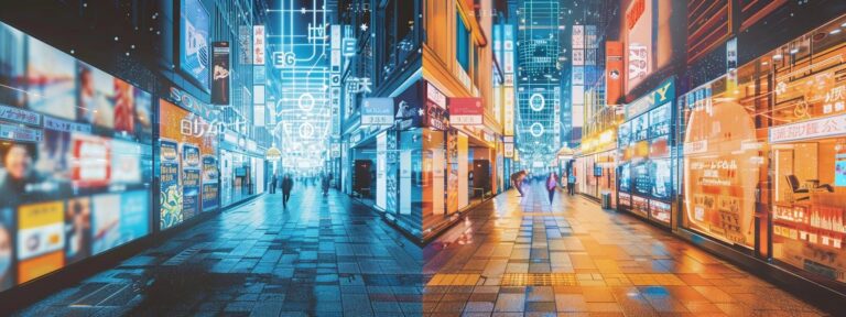 a visually striking split-screen image contrasting a vibrant digital landscape filled with dynamic ai-generated advertisements on one side, and a dull, cluttered traditional advertising space filled with papers and outdated posters on the other, illuminated by contrasting warm and cool lighting to emphasize their differences.