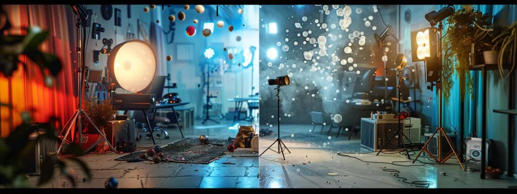 a visually striking split image contrasts the efficiency of ai ugc tools with the traditional, chaotic atmosphere of content creation, showcasing vibrant digital elements on one side and a cluttered, artistic workspace on the other.