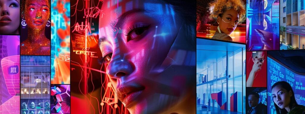 a vivid, dynamic scene showcases a collage of diverse ai advertising tools in action, each displaying unique features and vibrant visual elements under bold, contrasting lighting to highlight their distinct characteristics.