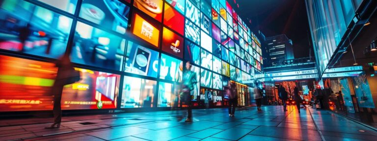 a vivid juxtaposition of a digital advertisement screening glowing boldly against a backdrop of traditional print marketing, showcasing the evolution of advertising strategies with dynamic lighting and a modern urban setting.