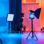 a vivid, side-by-side comparison of a sleek digital interface showcasing ai ugc tools on one side and a traditional content creation studio with vibrant lighting and equipment on the other, highlighting the contrast in creativity and innovation.