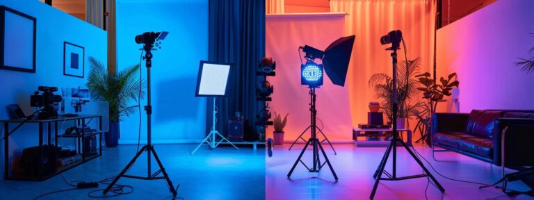 a vivid, side-by-side comparison of a sleek digital interface showcasing ai ugc tools on one side and a traditional content creation studio with vibrant lighting and equipment on the other, highlighting the contrast in creativity and innovation.