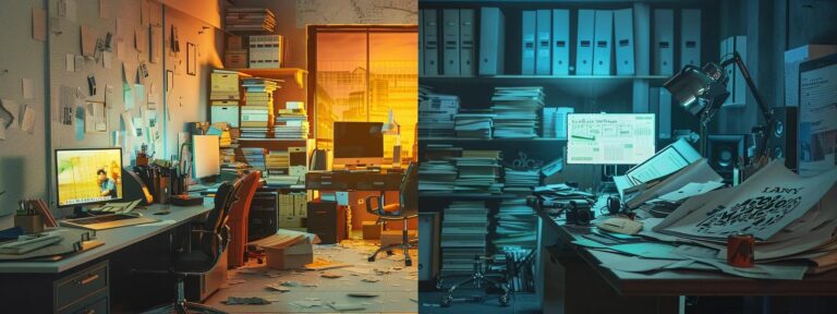 a vivid split-screen image contrasting a sleek digital interface of an ai ad generator on one side with a cluttered, outdated advertising office filled with paper and chaos on the other, illuminated by soft, ambient lighting to emphasize the modernity versus tradition theme.