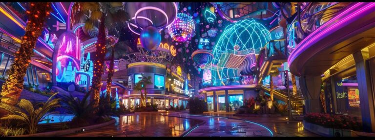 an alluring digital landscape showcases a vibrant ai ad generator interface, illuminated by futuristic neon lights, inviting viewers to explore its free trial and money-back guarantee features.