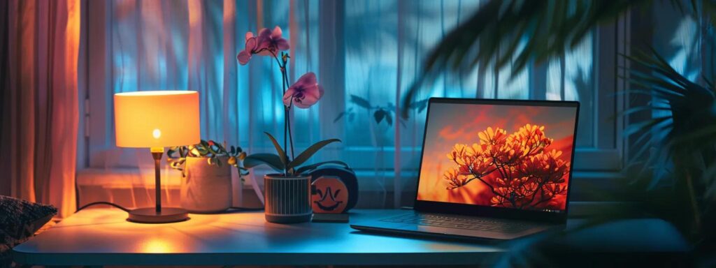 an enchanting workspace bathed in soft, natural light showcases a sleek laptop displaying vibrant brand visuals, symbolizing the seamless integration of authenticity and creativity in ai advertising.