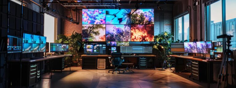 an expansive digital workspace illuminated by soft, natural light showcases a vibrant array of creative tools and ai-generated content, embodying the dynamic intersection of technology and artistry in content creation.