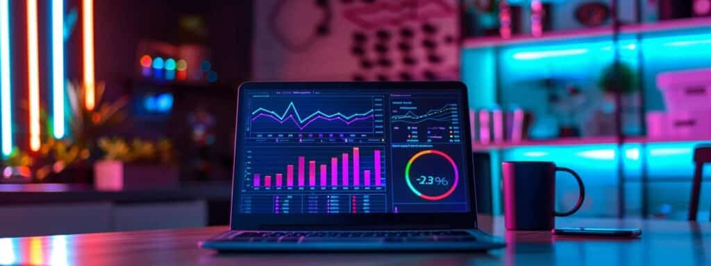 an impactful visual of a vibrant digital workspace, featuring a sleek laptop displaying graphs and charts that reflect the cost-effectiveness of ai-driven ugc content creation compared to traditional methods.
