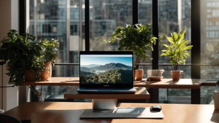 a dynamic workspace brimming with creative energy, showcasing a sleek laptop surrounded by vibrant marketing materials, illuminated by natural sunlight streaming through large windows.