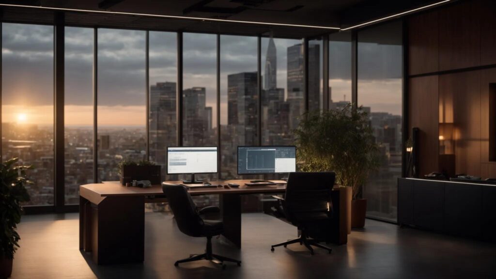 a sleek, modern workspace illuminated by a warm glow, featuring a high-tech computer displaying an intuitive ai ad generator interface, symbolizing the convenience of tailoring payment plans to fit any budget.