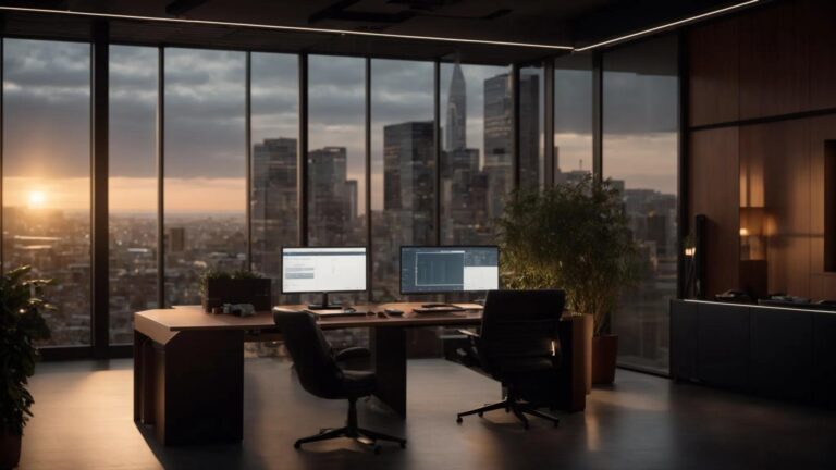 a sleek, modern workspace illuminated by a warm glow, featuring a high-tech computer displaying an intuitive ai ad generator interface, symbolizing the convenience of tailoring payment plans to fit any budget.