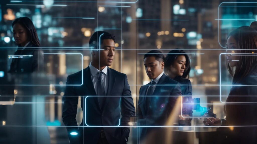 a vibrant and dynamic collage of diverse business professionals collaborating around a futuristic digital interface, symbolizing the transformative impact of ai-driven user-generated content solutions.