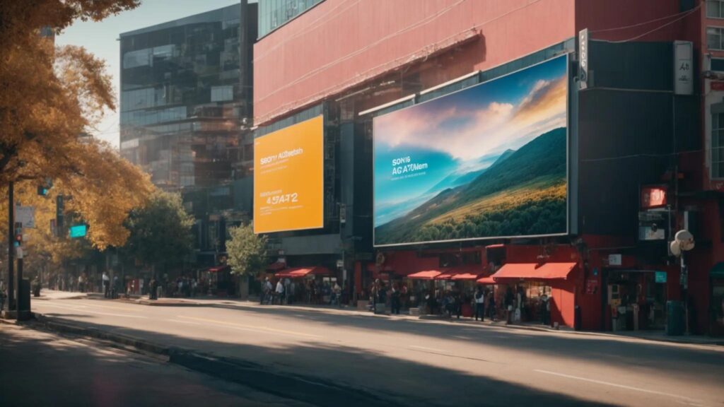a vibrant digital landscape illustrating the contrast between modern ai advertising tools and traditional billboards, bathed in bright sunlight, highlighting the evolution of marketing strategies.
